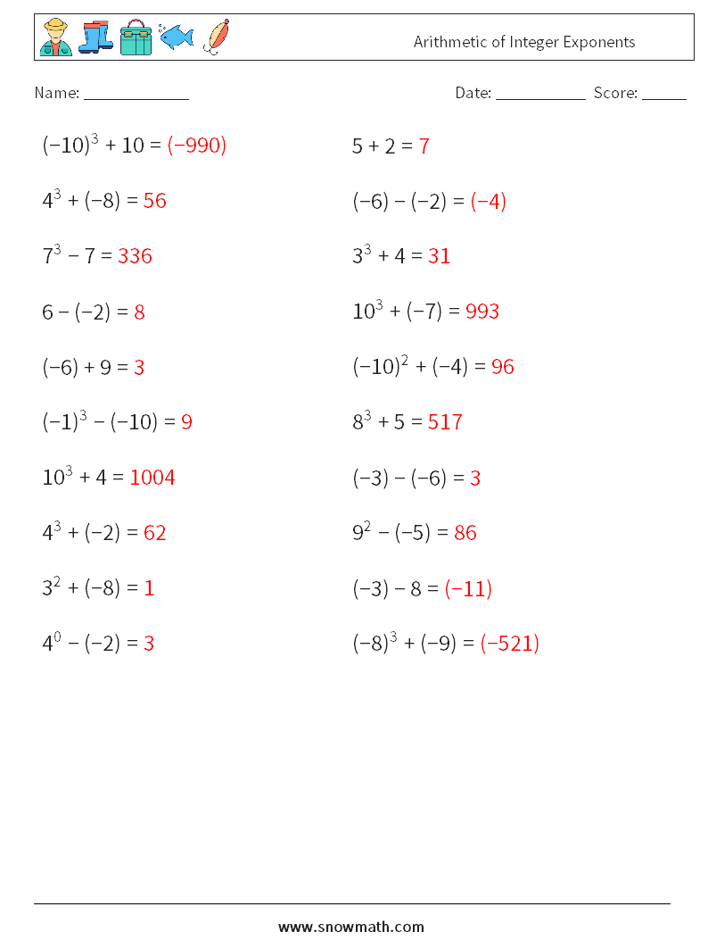 Arithmetic of Integer Exponents Math Worksheets 1 Question, Answer