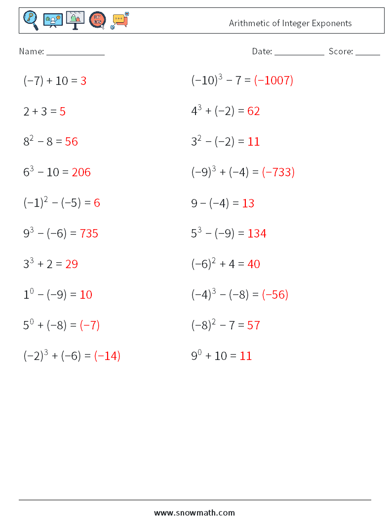 Arithmetic of Integer Exponents Math Worksheets 2 Question, Answer