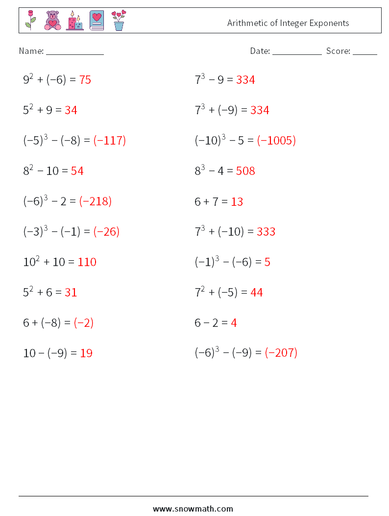 Arithmetic of Integer Exponents Math Worksheets 3 Question, Answer
