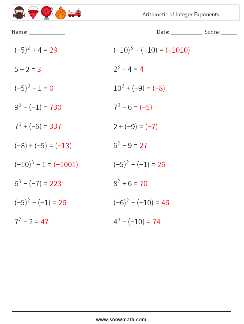 Arithmetic of Integer Exponents Math Worksheets 4 Question, Answer