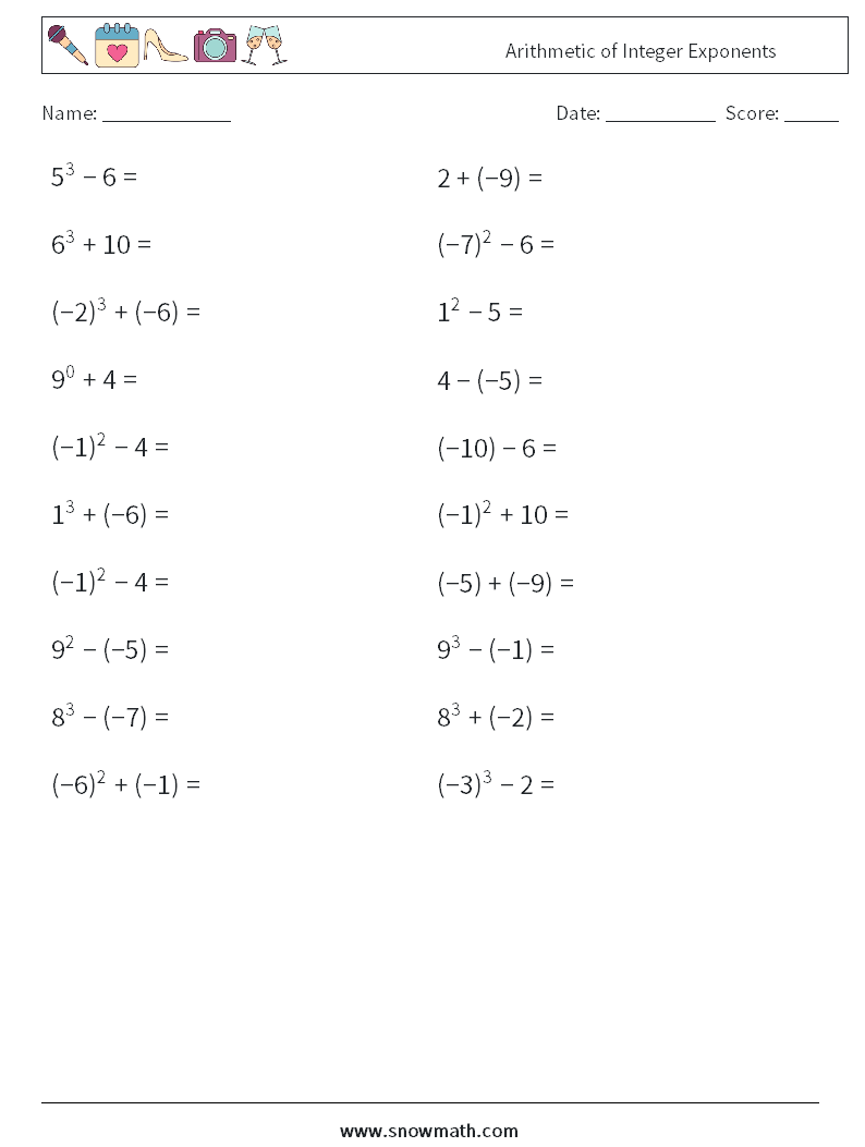 Arithmetic of Integer Exponents Math Worksheets 5