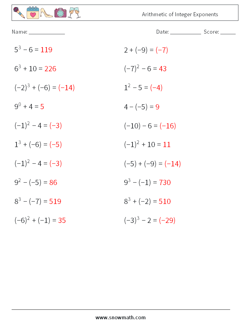 Arithmetic of Integer Exponents Math Worksheets 5 Question, Answer