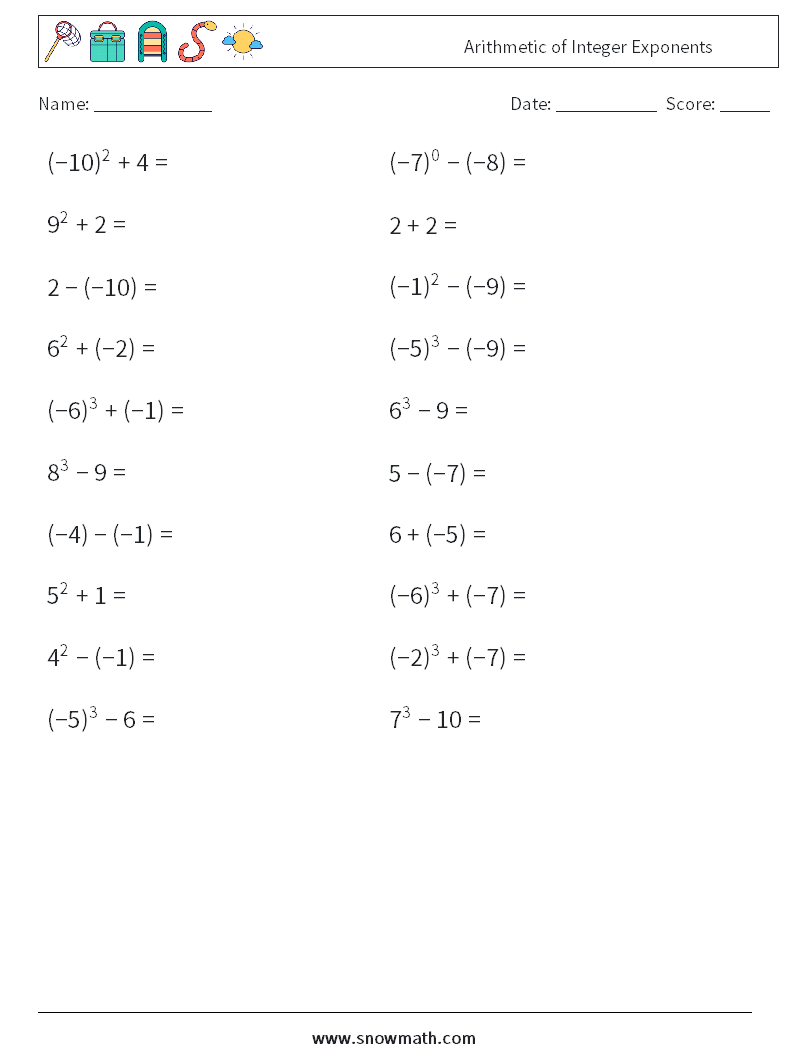 Arithmetic of Integer Exponents Math Worksheets 6