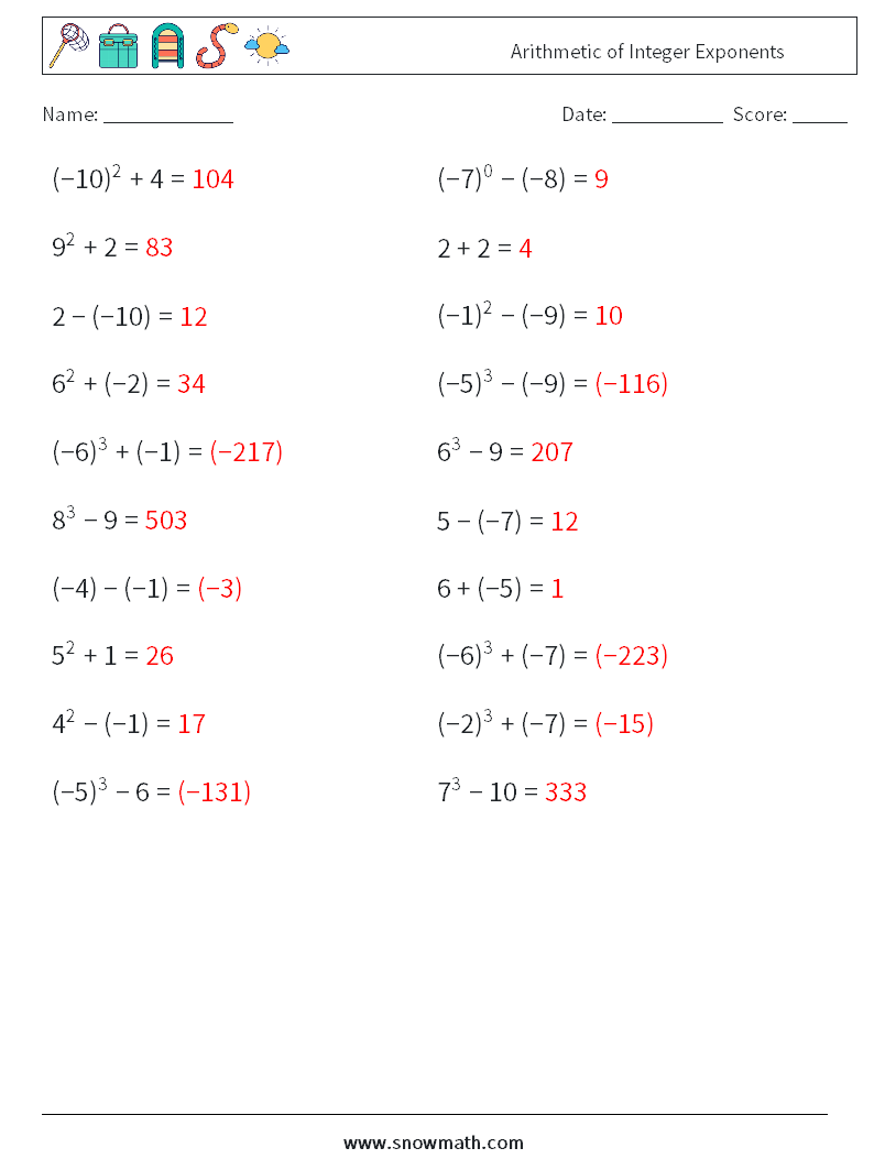 Arithmetic of Integer Exponents Math Worksheets 6 Question, Answer
