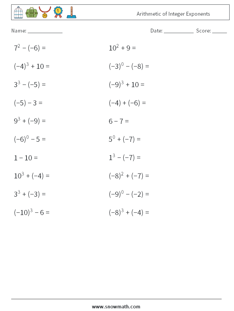 Arithmetic of Integer Exponents Math Worksheets 7