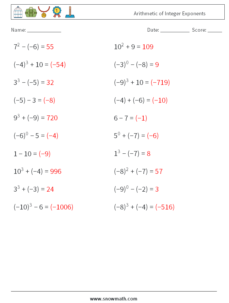 Arithmetic of Integer Exponents Math Worksheets 7 Question, Answer