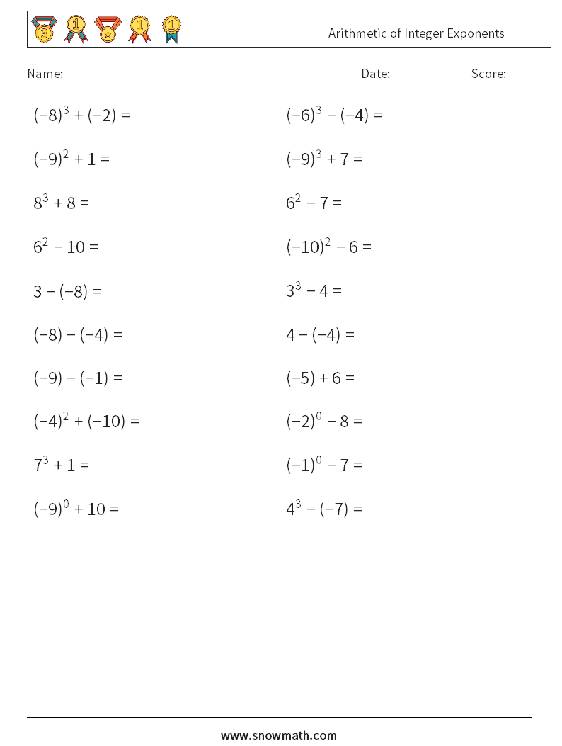 Arithmetic of Integer Exponents Math Worksheets 8