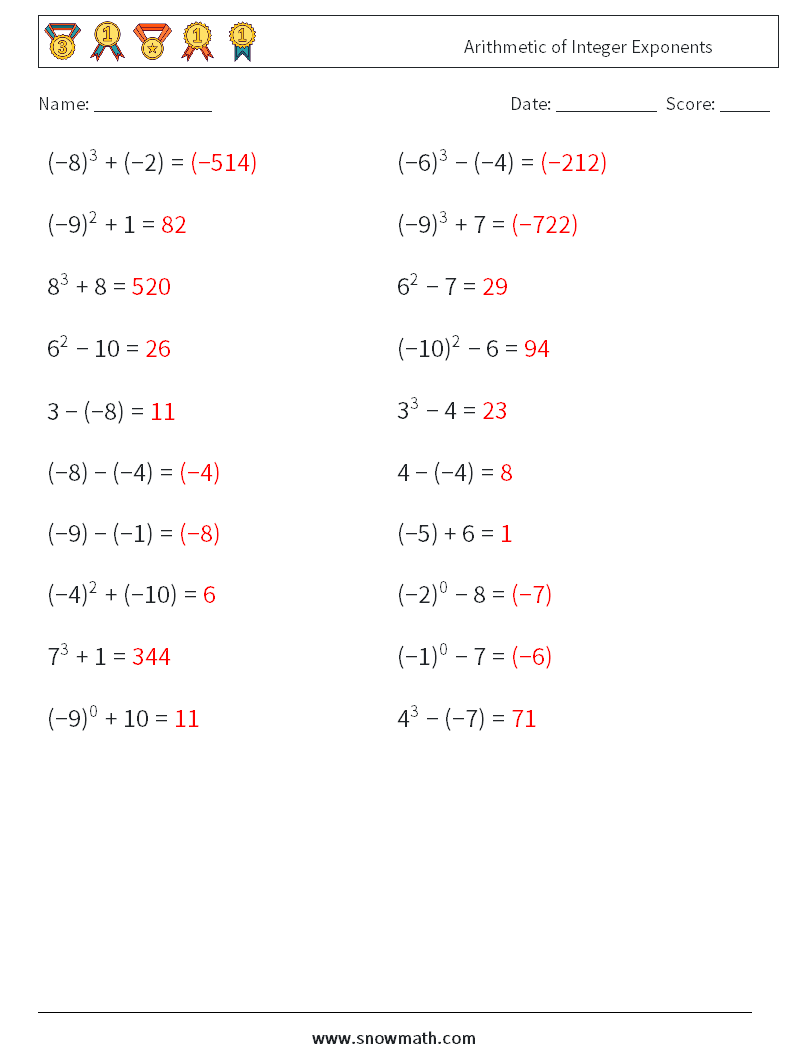 Arithmetic of Integer Exponents Math Worksheets 8 Question, Answer