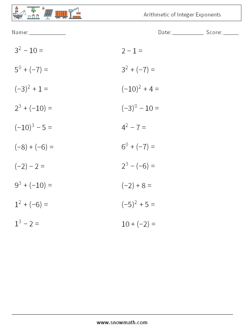 Arithmetic of Integer Exponents Math Worksheets 9