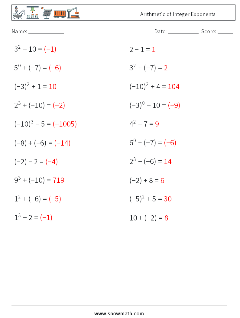 Arithmetic of Integer Exponents Math Worksheets 9 Question, Answer