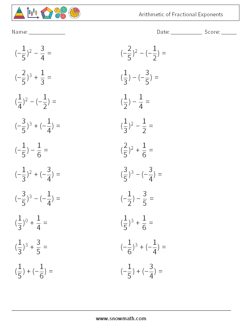 Arithmetic of Fractional Exponents Math Worksheets 1