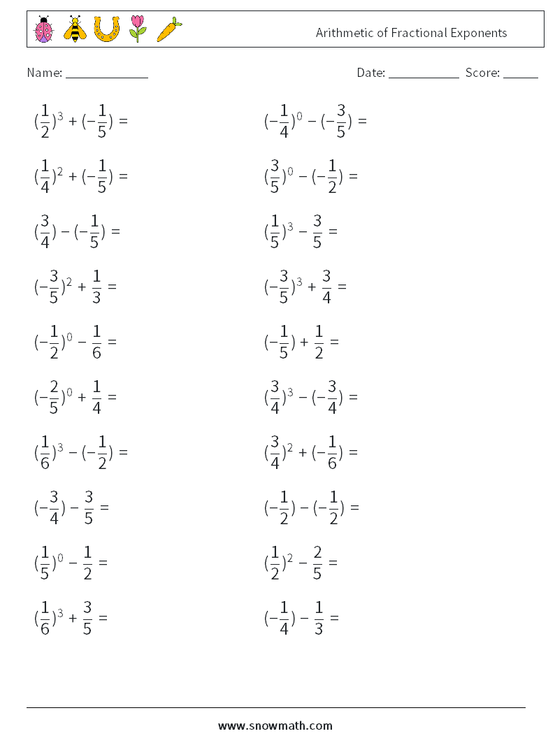 Arithmetic of Fractional Exponents Maths Worksheets 2