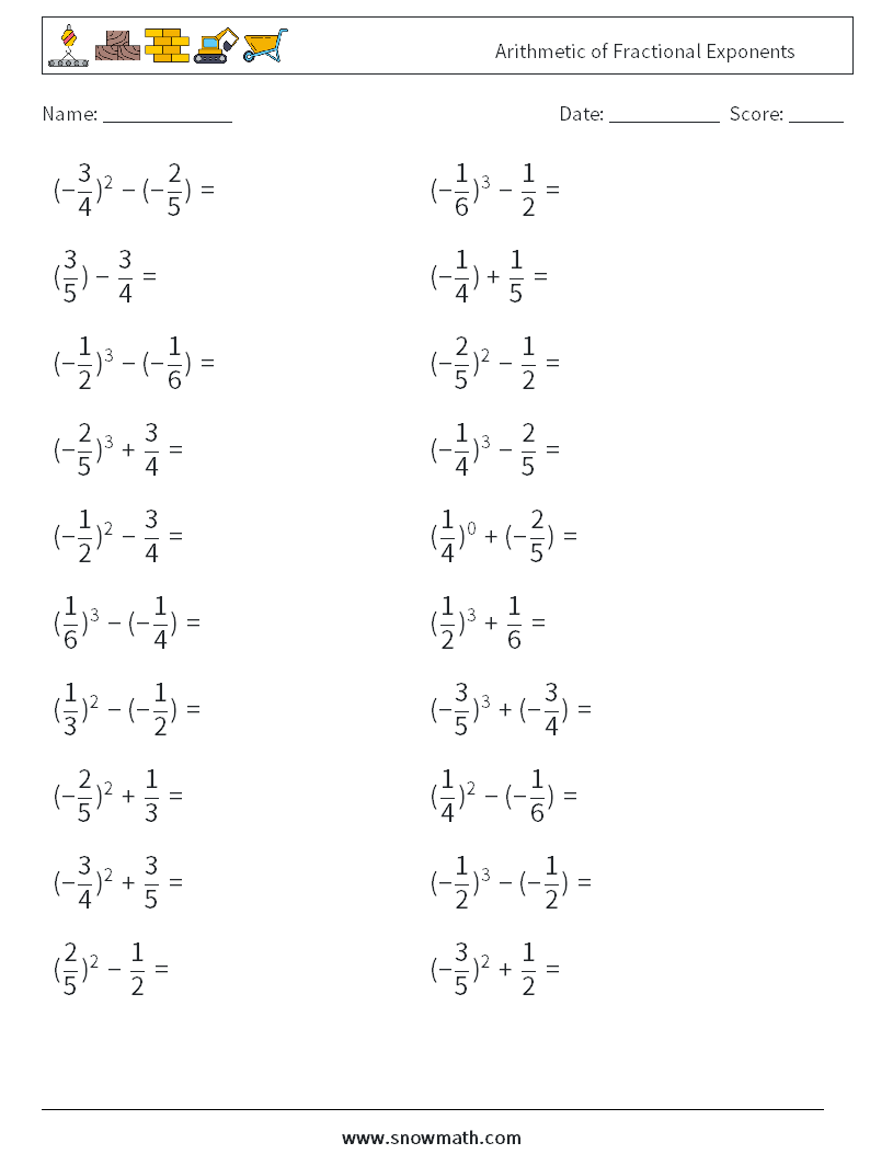 Arithmetic of Fractional Exponents Math Worksheets 4