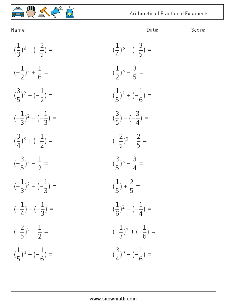 Arithmetic of Fractional Exponents Math Worksheets 5