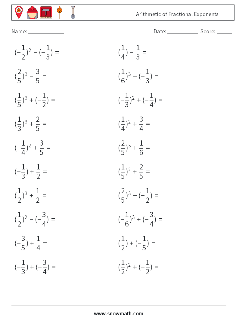 Arithmetic of Fractional Exponents Maths Worksheets 6