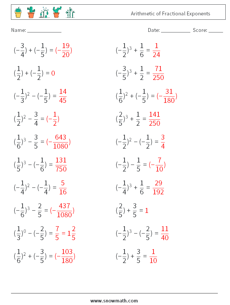 Arithmetic of Fractional Exponents Math Worksheets 7 Question, Answer