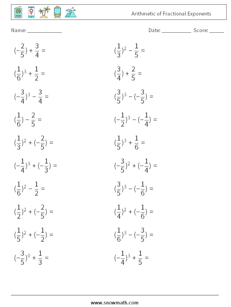 Arithmetic of Fractional Exponents Maths Worksheets 9