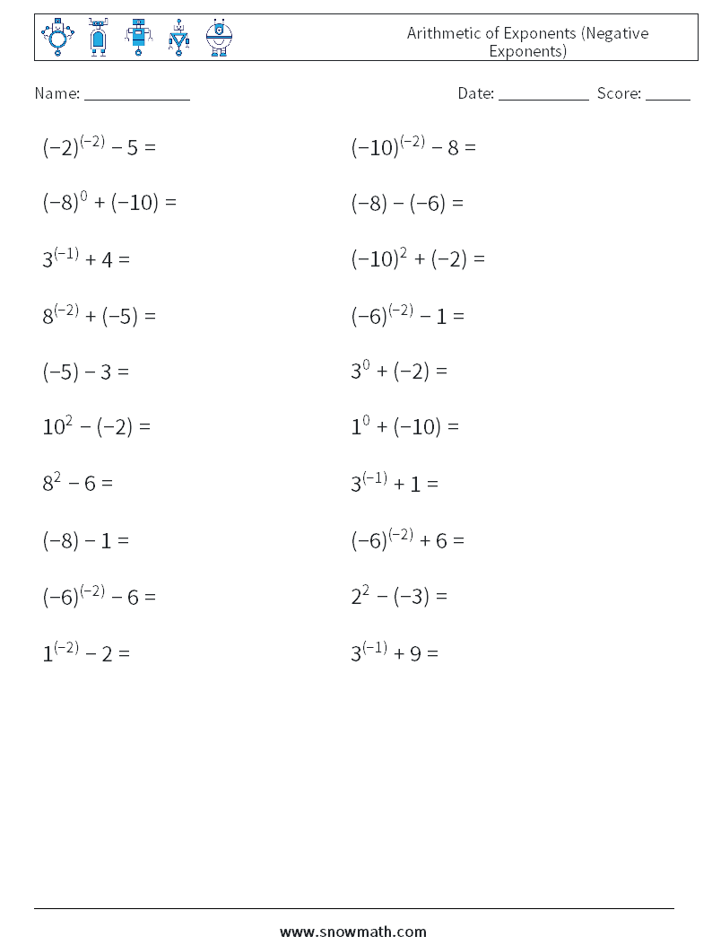  Arithmetic of Exponents (Negative Exponents) Math Worksheets 1