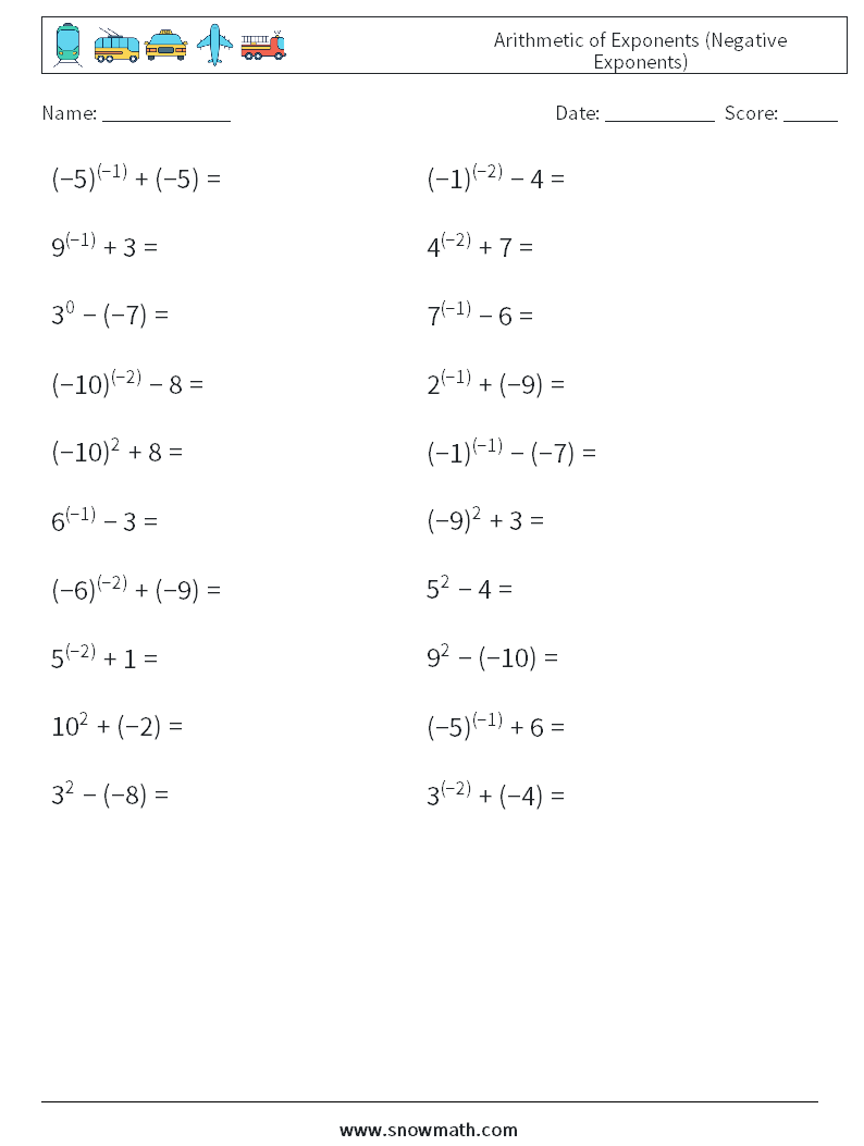  Arithmetic of Exponents (Negative Exponents) Math Worksheets 2