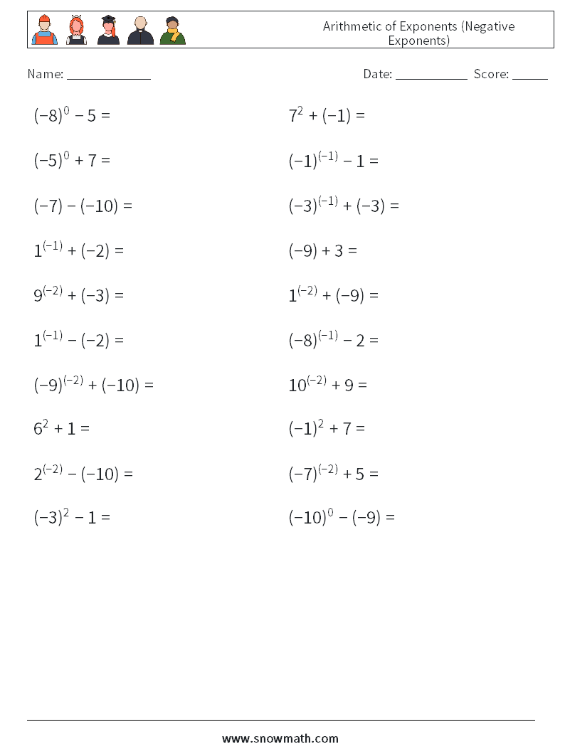  Arithmetic of Exponents (Negative Exponents) Math Worksheets 3
