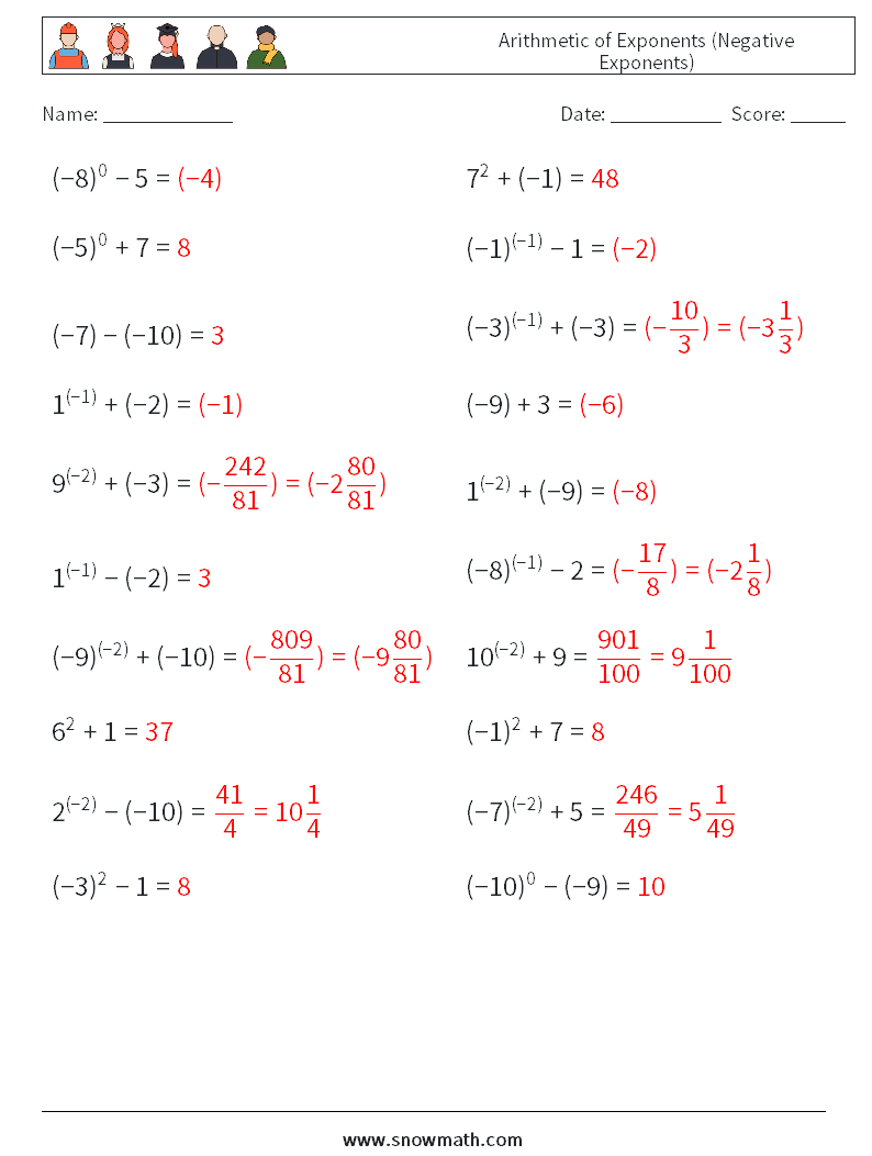  Arithmetic of Exponents (Negative Exponents) Math Worksheets 3 Question, Answer