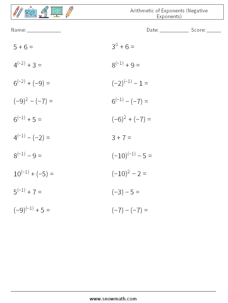  Arithmetic of Exponents (Negative Exponents) Math Worksheets 4