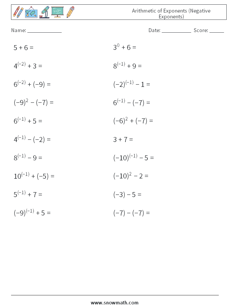  Arithmetic of Exponents (Negative Exponents) Maths Worksheets 4