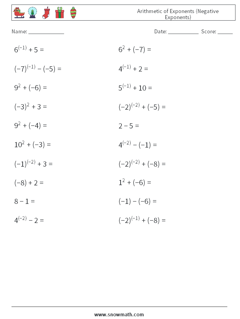  Arithmetic of Exponents (Negative Exponents) Math Worksheets 5