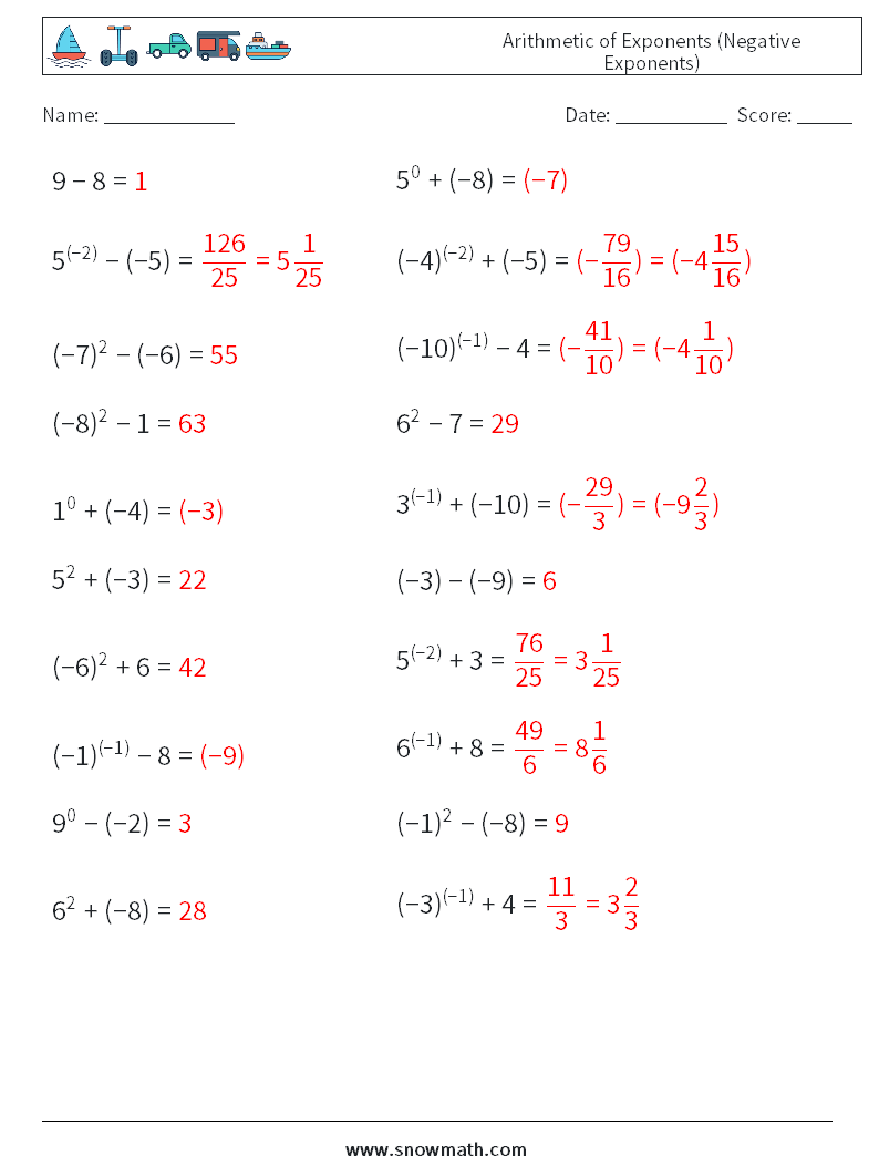  Arithmetic of Exponents (Negative Exponents) Math Worksheets 6 Question, Answer