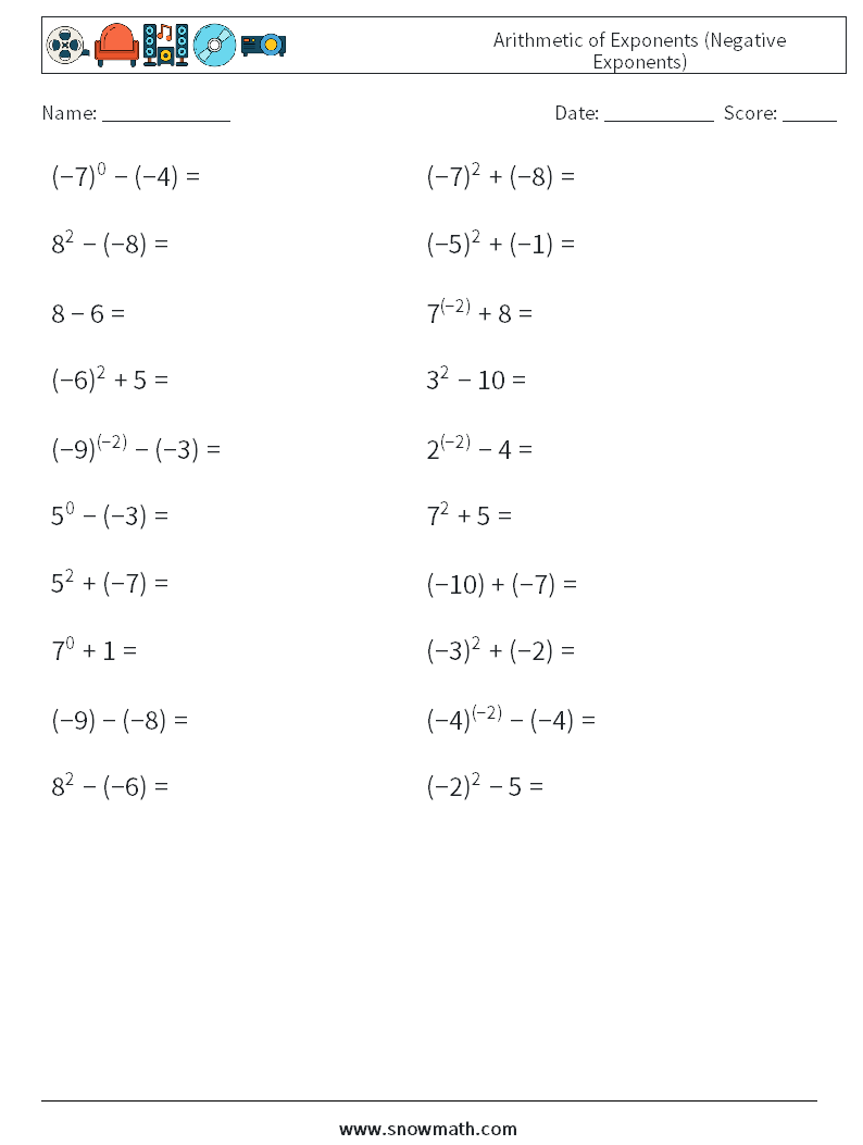  Arithmetic of Exponents (Negative Exponents) Maths Worksheets 7