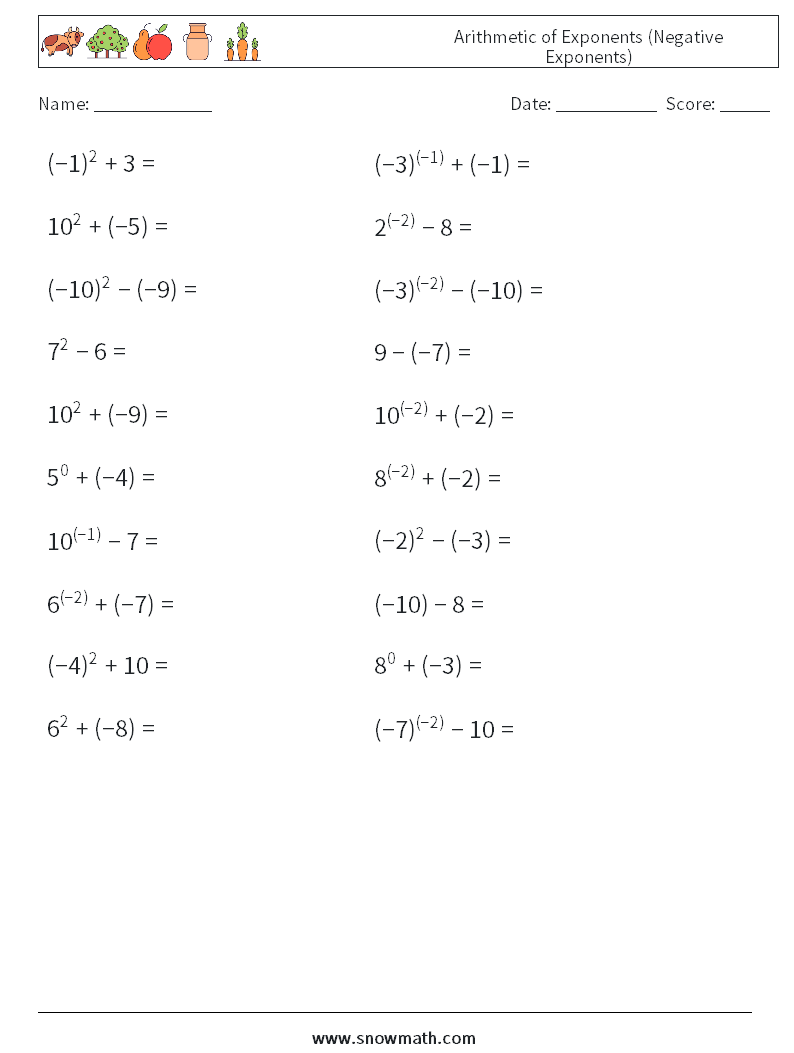  Arithmetic of Exponents (Negative Exponents) Math Worksheets 8