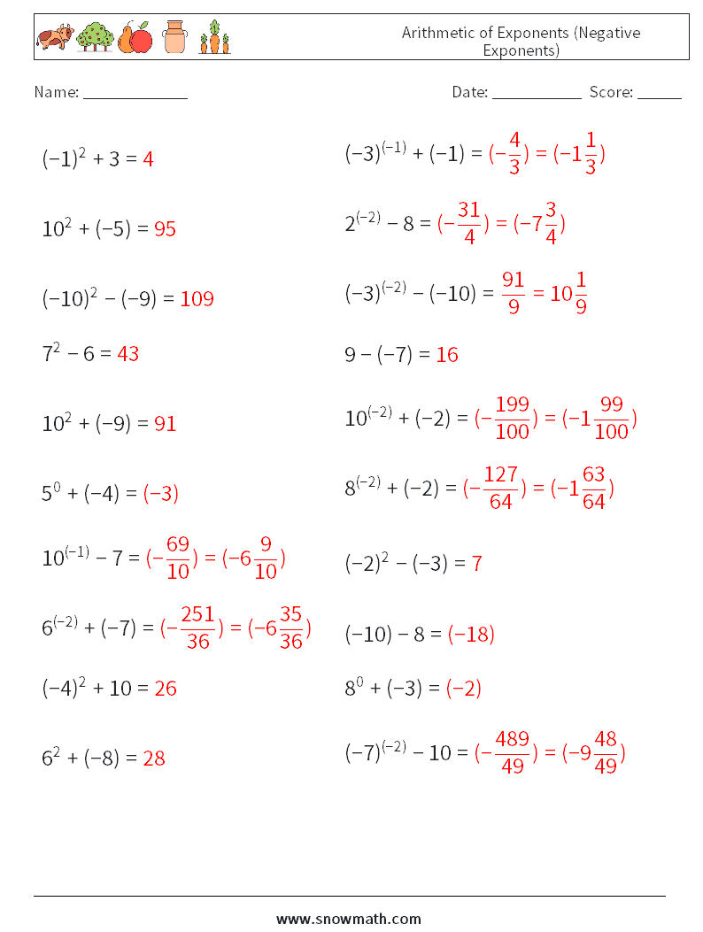  Arithmetic of Exponents (Negative Exponents) Math Worksheets 8 Question, Answer