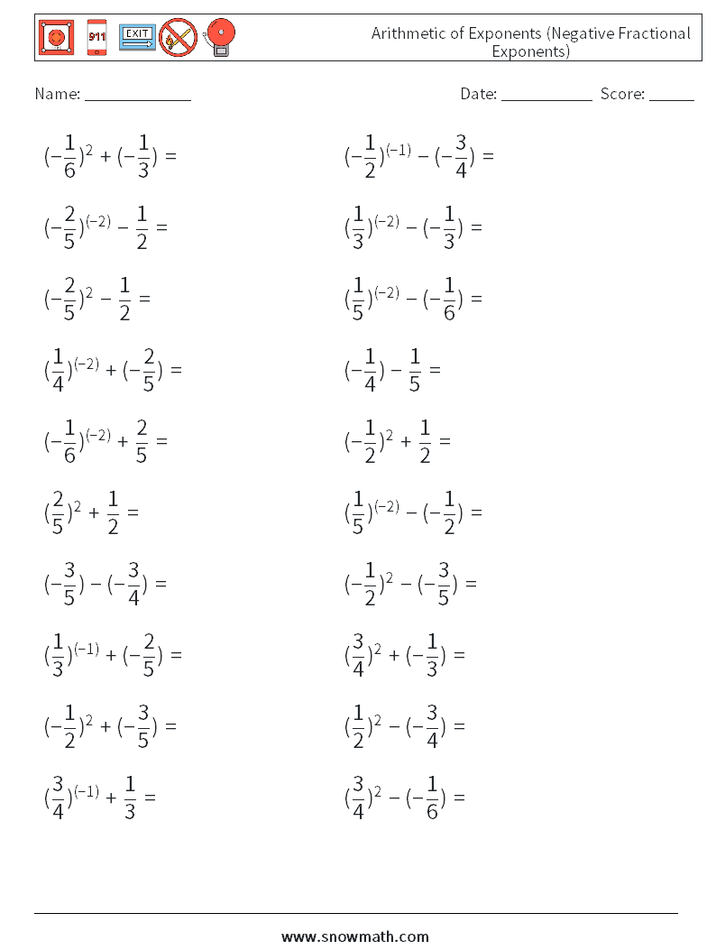  Arithmetic of Exponents (Negative Fractional Exponents) Math Worksheets 1