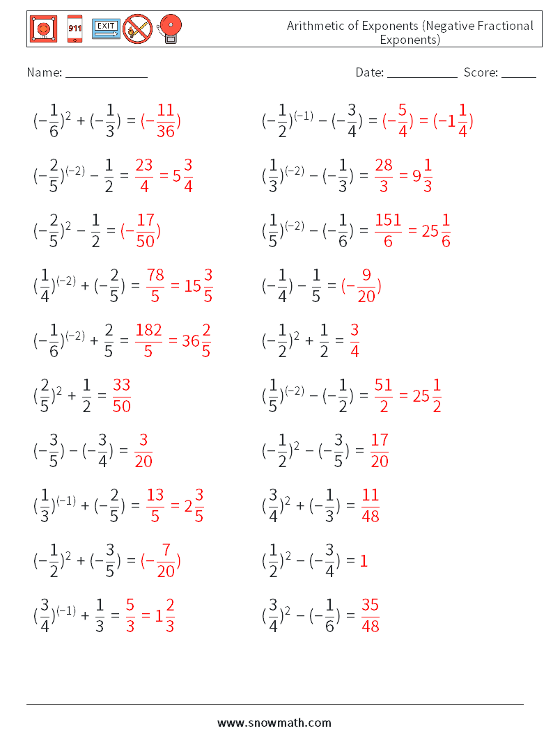  Arithmetic of Exponents (Negative Fractional Exponents) Math Worksheets 1 Question, Answer