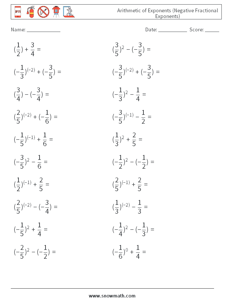  Arithmetic of Exponents (Negative Fractional Exponents) Math Worksheets 3