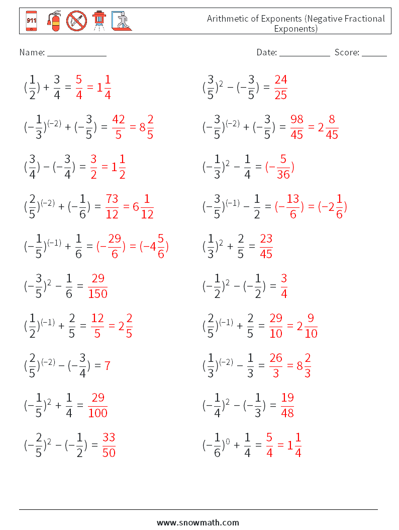  Arithmetic of Exponents (Negative Fractional Exponents) Math Worksheets 3 Question, Answer