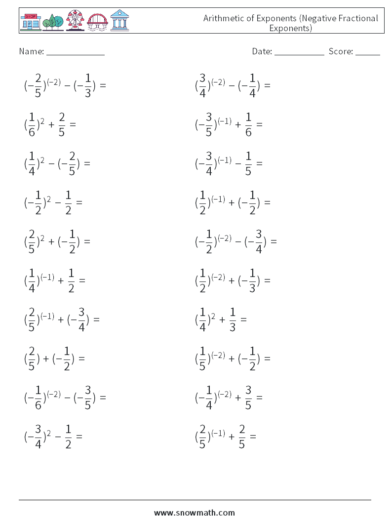  Arithmetic of Exponents (Negative Fractional Exponents) Math Worksheets 4