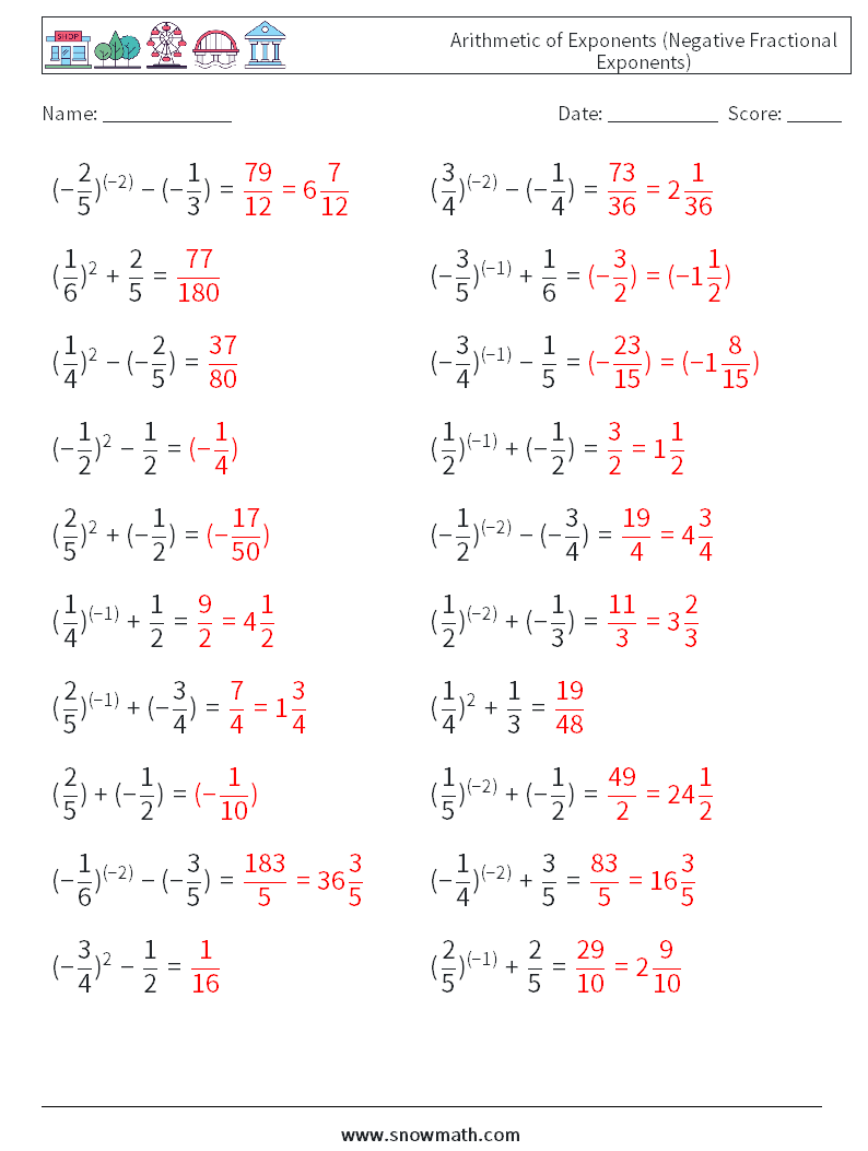  Arithmetic of Exponents (Negative Fractional Exponents) Math Worksheets 4 Question, Answer