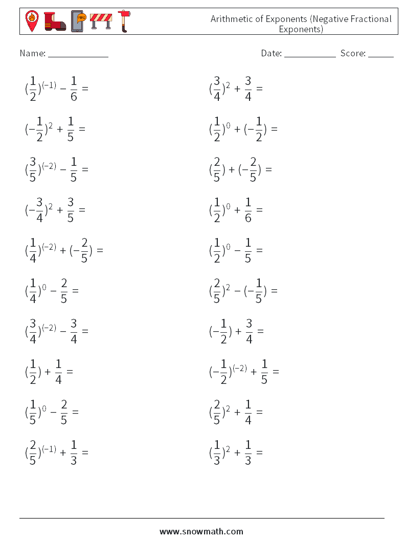  Arithmetic of Exponents (Negative Fractional Exponents) Math Worksheets 5