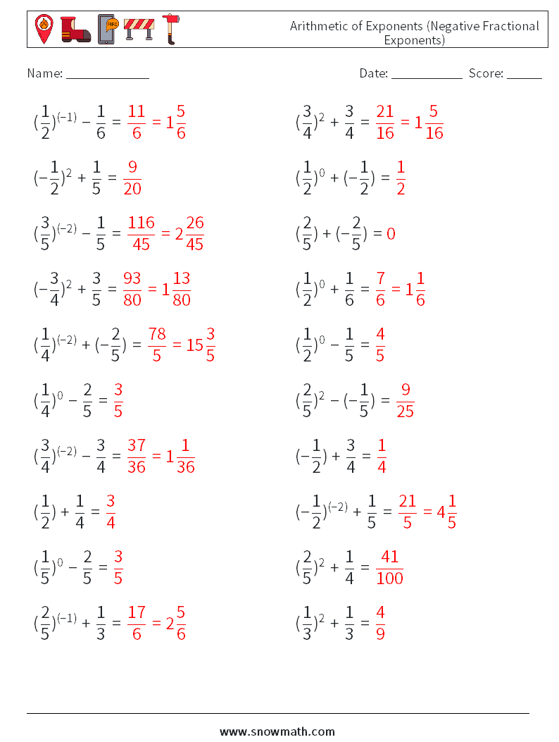  Arithmetic of Exponents (Negative Fractional Exponents) Math Worksheets 5 Question, Answer