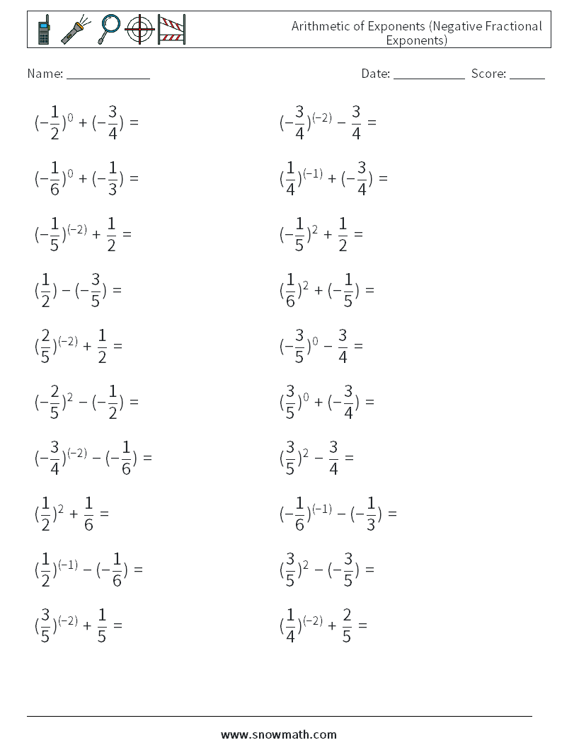  Arithmetic of Exponents (Negative Fractional Exponents) Math Worksheets 6