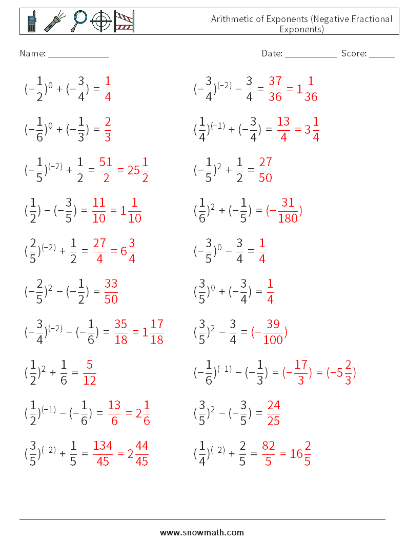  Arithmetic of Exponents (Negative Fractional Exponents) Math Worksheets 6 Question, Answer