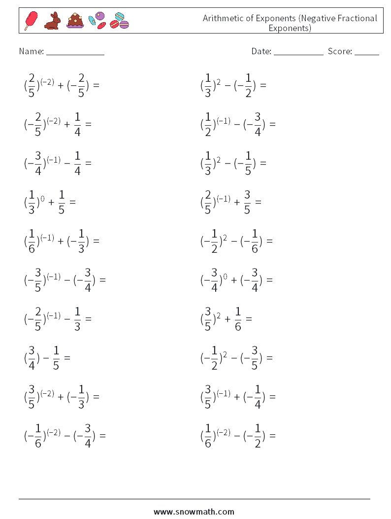  Arithmetic of Exponents (Negative Fractional Exponents) Math Worksheets 7