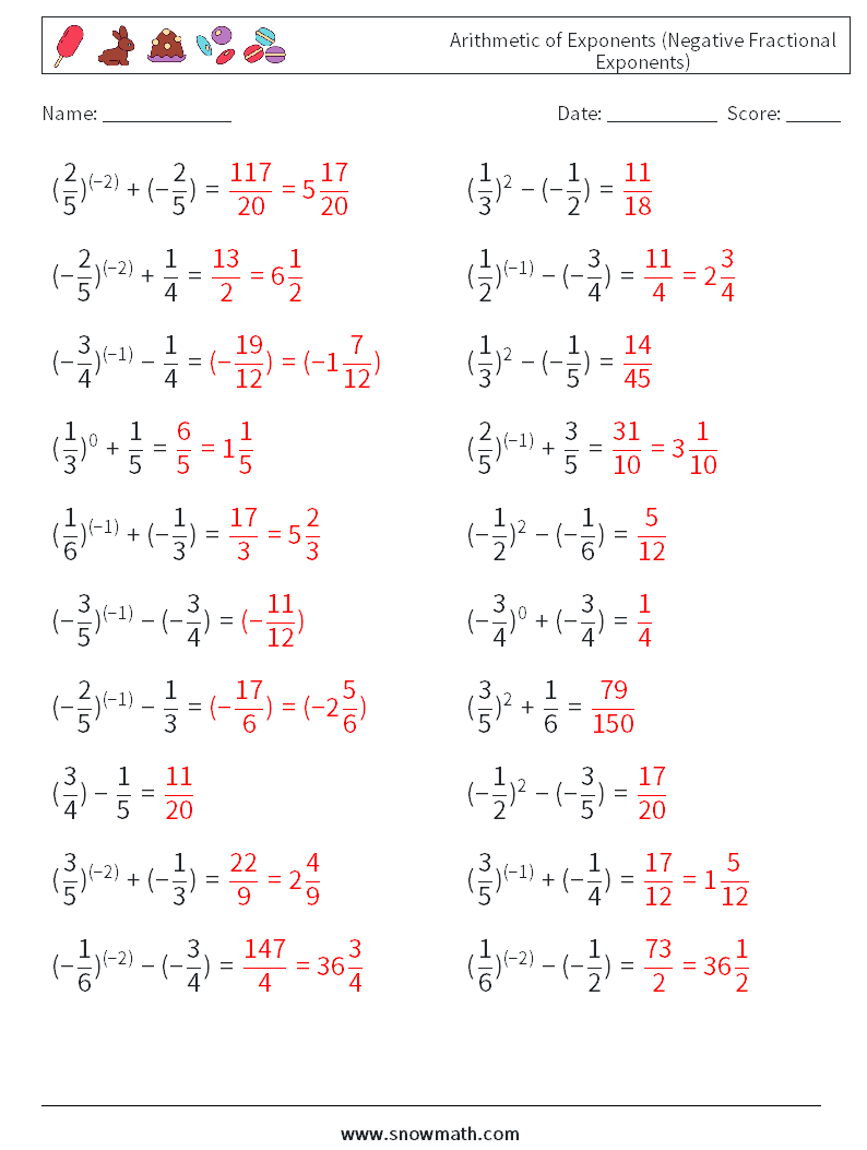  Arithmetic of Exponents (Negative Fractional Exponents) Math Worksheets 7 Question, Answer