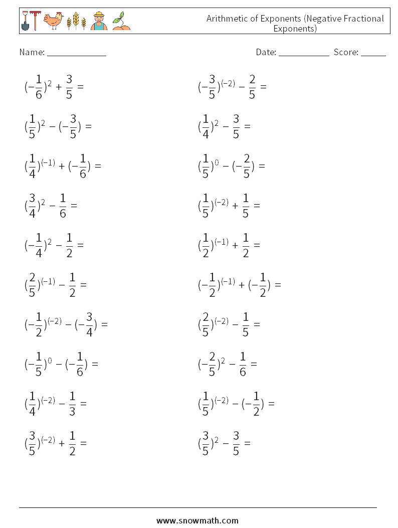  Arithmetic of Exponents (Negative Fractional Exponents) Math Worksheets 8