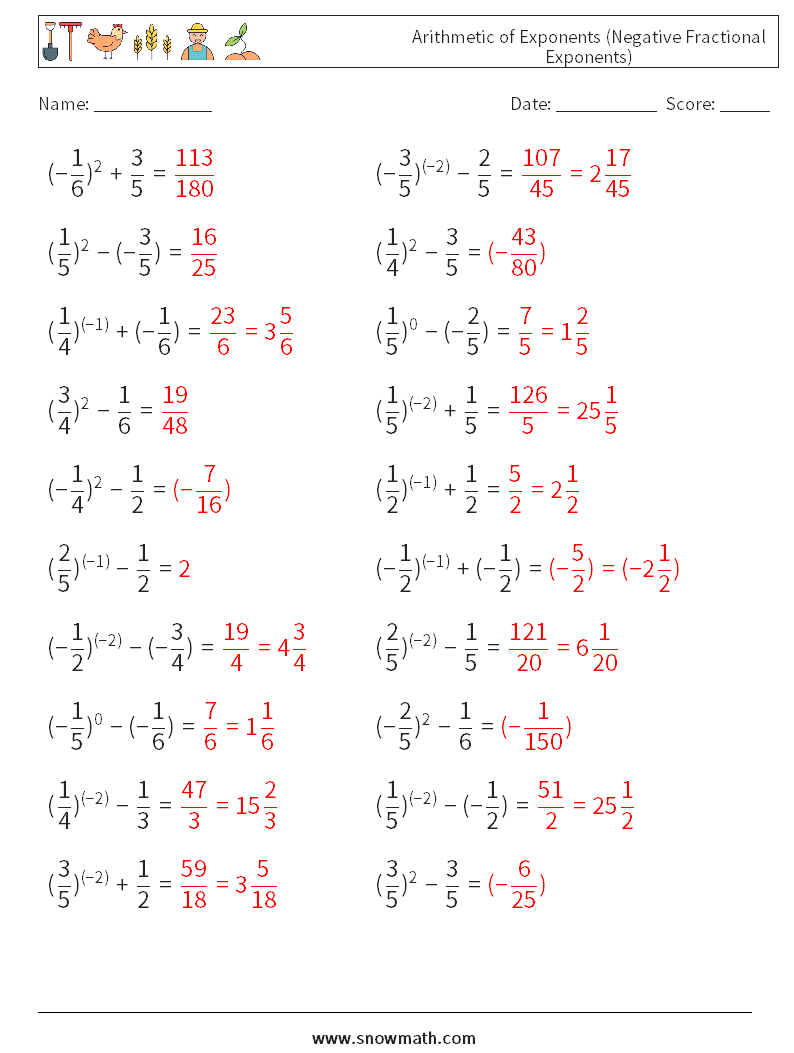  Arithmetic of Exponents (Negative Fractional Exponents) Math Worksheets 8 Question, Answer