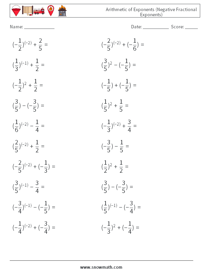  Arithmetic of Exponents (Negative Fractional Exponents) Math Worksheets 9