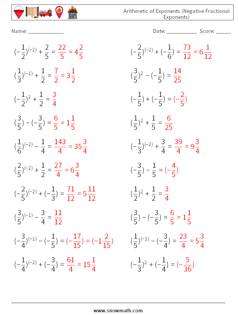  Arithmetic of Exponents (Negative Fractional Exponents) Math Worksheets 9 Question, Answer