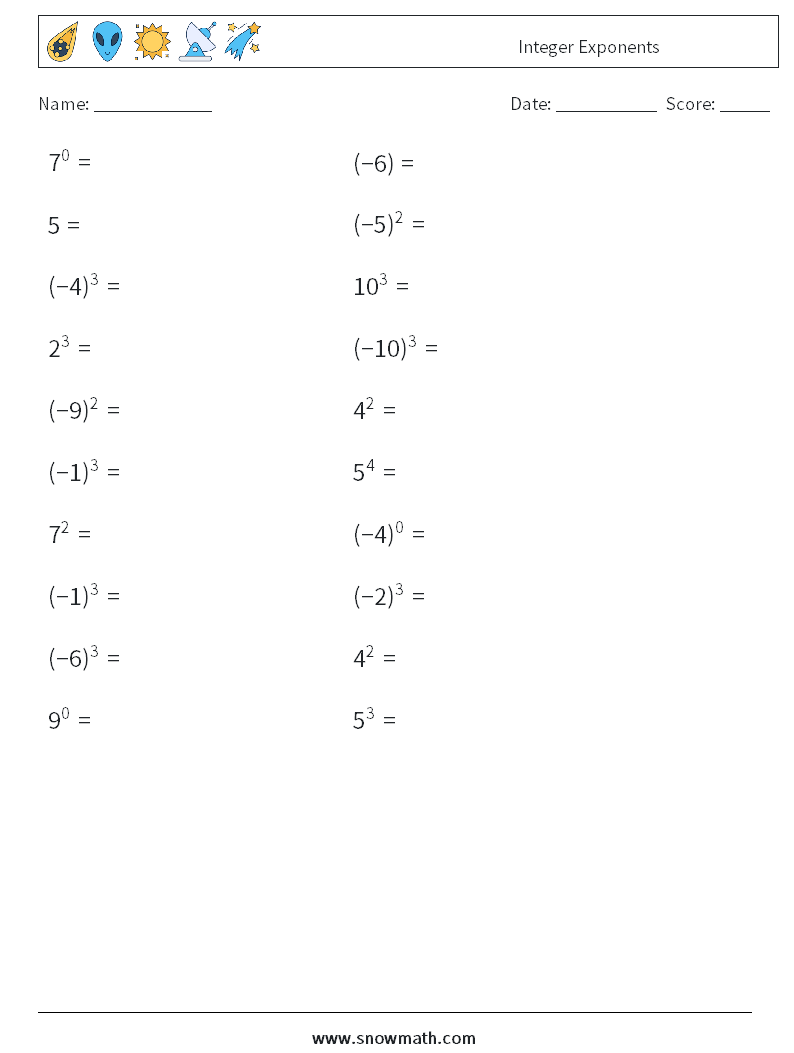 Integer Exponents Math Worksheets 1