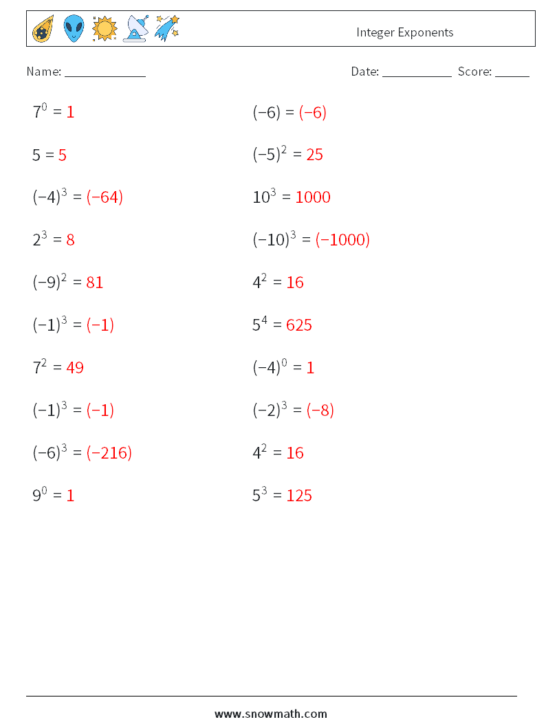 Integer Exponents Math Worksheets 1 Question, Answer